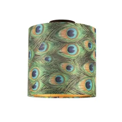 Plafondlamp met velours kap pauw met goud 25 cm - Combi zwart