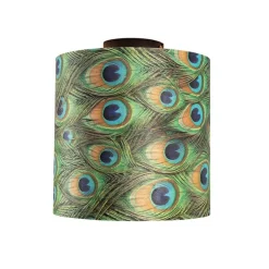 Plafondlamp met velours kap pauw met goud 25 cm - Combi zwart