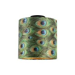 Plafondlamp met velours kap pauw met goud 25 cm - Combi zwart