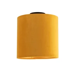 Plafondlamp met velours kap oker met goud 25 cm - Combi zwart