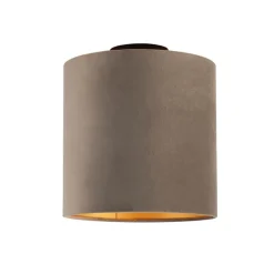 Plafondlamp met velours kap taupe met goud 25 cm - Combi zwart