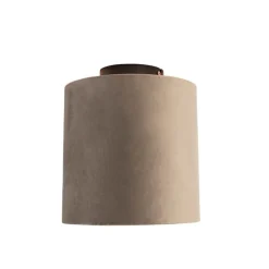 Plafondlamp met velours kap taupe met goud 20 cm - Combi zwart