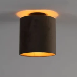 Plafondlamp met velours kap taupe met goud 20 cm - Combi zwart