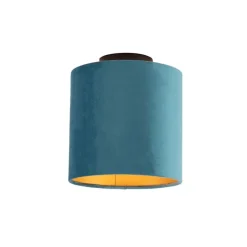 Plafondlamp met velours kap blauw met goud 20 cm - Combi zwart