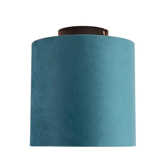 Plafondlamp met velours kap blauw met goud 20 cm - Combi zwart