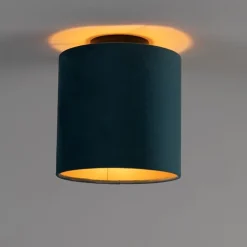 Plafondlamp met velours kap blauw met goud 20 cm - Combi zwart