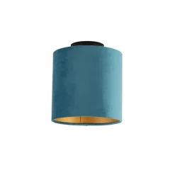 Plafondlamp met velours kap blauw met goud 20 cm - Combi zwart