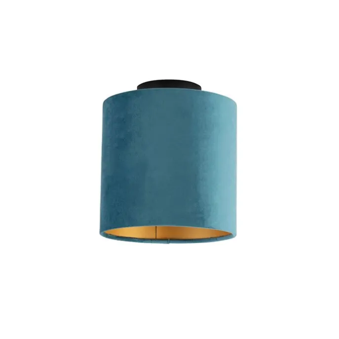 Plafondlamp met velours kap blauw met goud 20 cm - Combi zwart