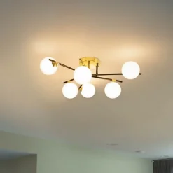 Plafondlamp zwart met goud en opaal glas 6-lichts - Lynn