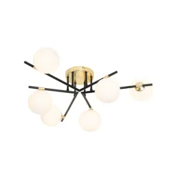 Plafondlamp zwart met goud en opaal glas 6-lichts - Lynn