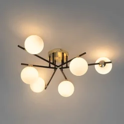 Plafondlamp zwart met goud en opaal glas 6-lichts - Lynn