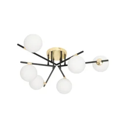 Plafondlamp zwart met goud en opaal glas 6-lichts - Lynn
