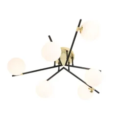Plafondlamp zwart met goud en opaal glas 6-lichts - Lynn