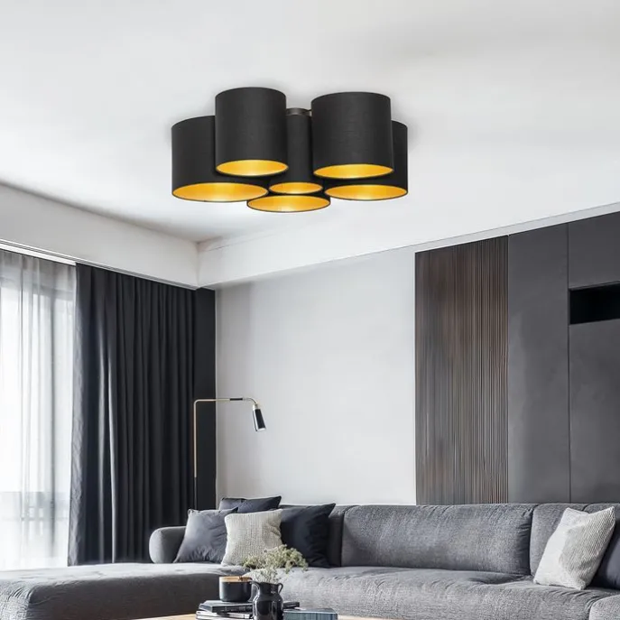 Plafondlamp zwart met gouden binnenkant 6-lichts - Multidrum