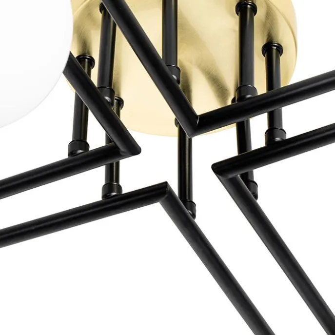 Plafondlamp zwart met goud en opaal glas 8-lichts - Lynn