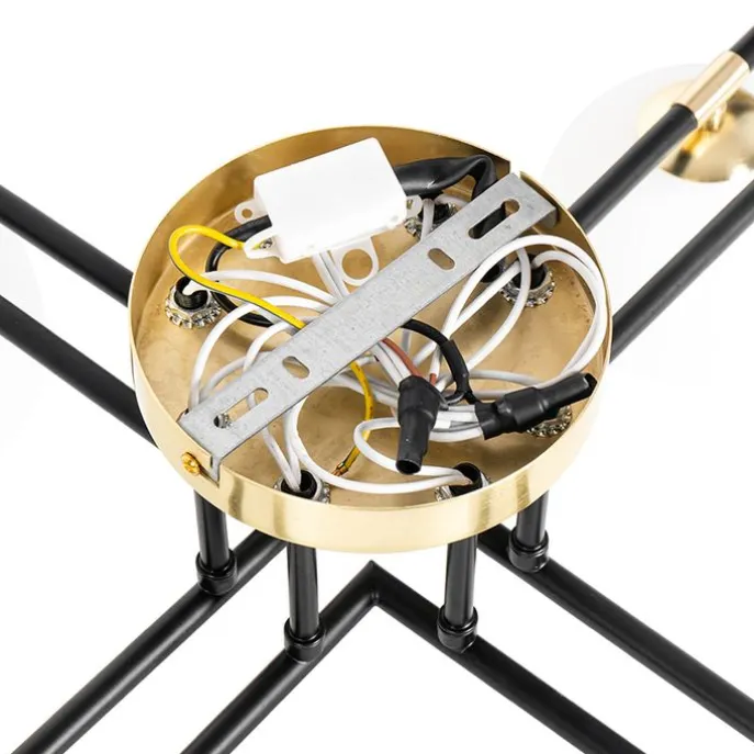 Plafondlamp zwart met goud en opaal glas 8-lichts - Lynn