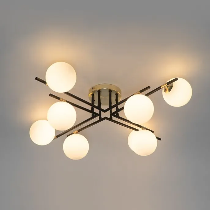 Plafondlamp zwart met goud en opaal glas 8-lichts - Lynn