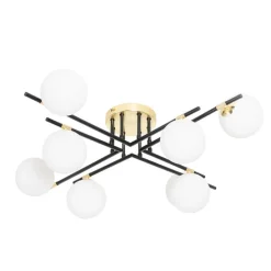 Plafondlamp zwart met goud en opaal glas 8-lichts - Lynn