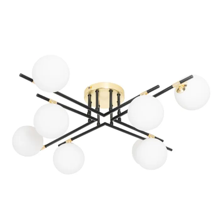 Plafondlamp zwart met goud en opaal glas 8-lichts - Lynn
