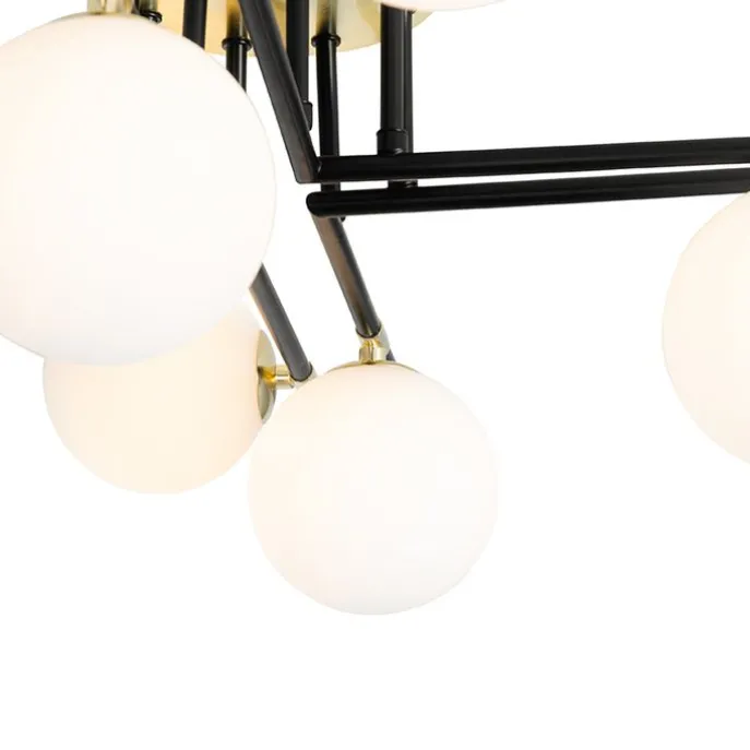 Plafondlamp zwart met goud en opaal glas 8-lichts - Lynn