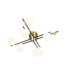 Plafondlamp zwart met goud en opaal glas 8-lichts - Lynn