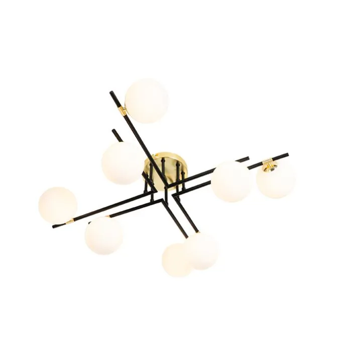 Plafondlamp zwart met goud en opaal glas 8-lichts - Lynn