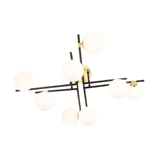 Plafondlamp zwart met goud en opaal glas 8-lichts - Lynn