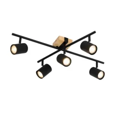 Plafondlamp zwart met hout 5-lichts verstelbaar rechthoekig - Jeana