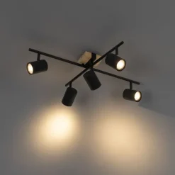 Plafondlamp zwart met hout 5-lichts verstelbaar rechthoekig - Jeana