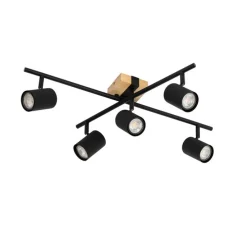 Plafondlamp zwart met hout 5-lichts verstelbaar rechthoekig - Jeana