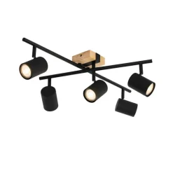 Plafondlamp zwart met hout 5-lichts verstelbaar rechthoekig - Jeana