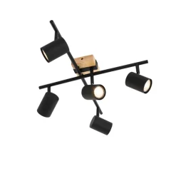 Plafondlamp zwart met hout 5-lichts verstelbaar rechthoekig - Jeana