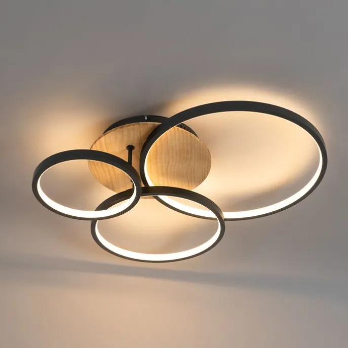 Plafondlamp zwart met hout incl. LED 3-staps dimbaar 3-lichts - Alec