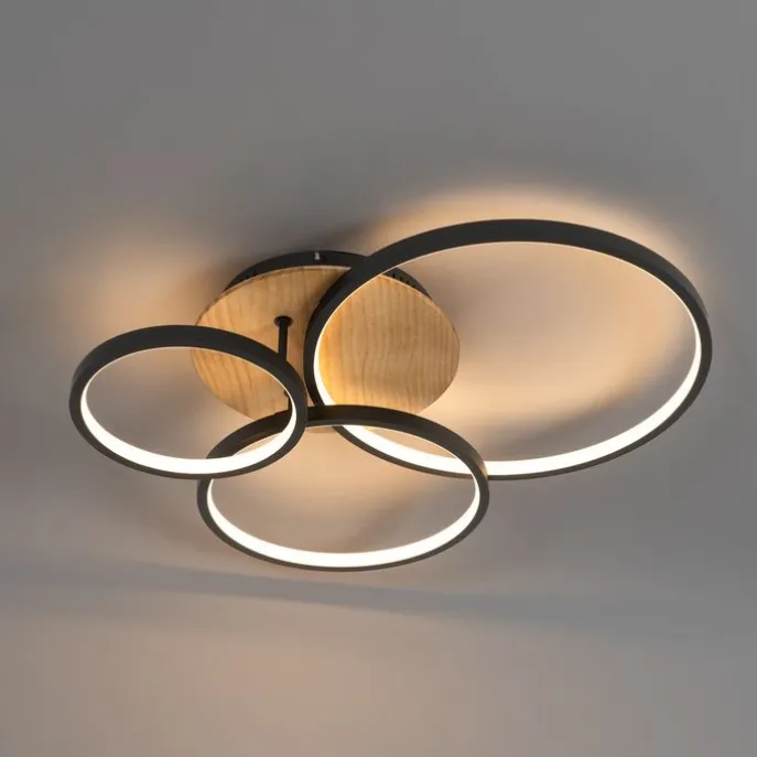 Plafondlamp zwart met hout incl. LED 3-staps dimbaar 3-lichts - Alec