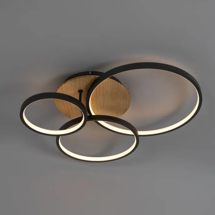 Plafondlamp zwart met hout incl. LED 3-staps dimbaar 3-lichts - Alec