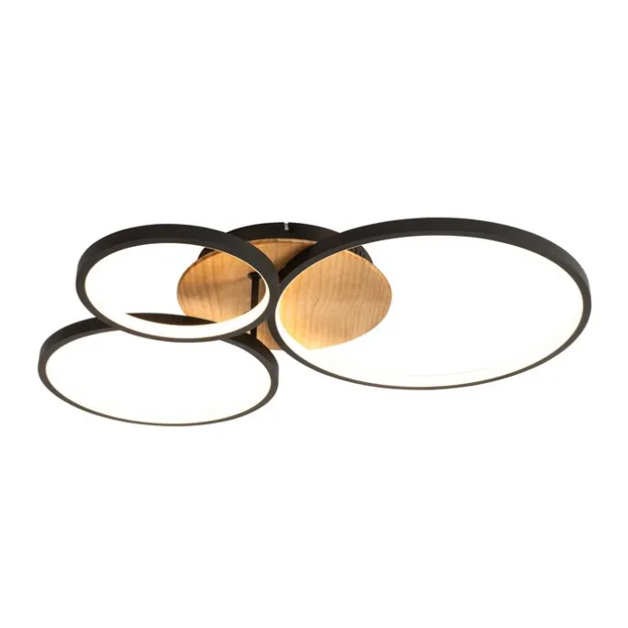 Plafondlamp zwart met hout incl. LED 3-staps dimbaar 3-lichts - Alec