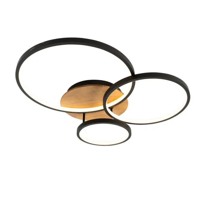 Plafondlamp zwart met hout incl. LED 3-staps dimbaar 3-lichts - Alec