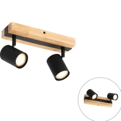 Plafondlamp zwart met hout 2-lichts verstelbaar rechthoekig - Jeana