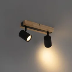 Plafondlamp zwart met hout 2-lichts verstelbaar rechthoekig - Jeana