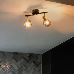 Plafondlamp zwart met messing en glas smoke 2-lichts - Vidro