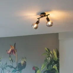 Plafondlamp zwart met smoke glas en hout 2-lichts - Vidro