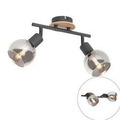 Plafondlamp zwart met smoke glas en hout 2-lichts - Vidro
