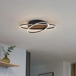 Plafondlamp zwart met walnoot hout incl. LED 3-staps dimbaar 2-lichts - Kane