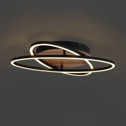 Plafondlamp zwart met walnoot hout incl. LED 3-staps dimbaar 2-lichts - Kane