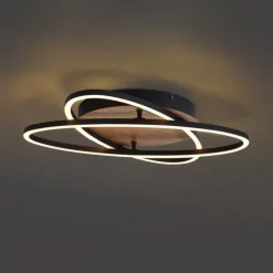 Plafondlamp zwart met walnoot hout incl. LED 3-staps dimbaar 2-lichts - Kane