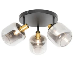 Plafondspot zwart met goud met smoke glas 3-lichts - Zuzanna