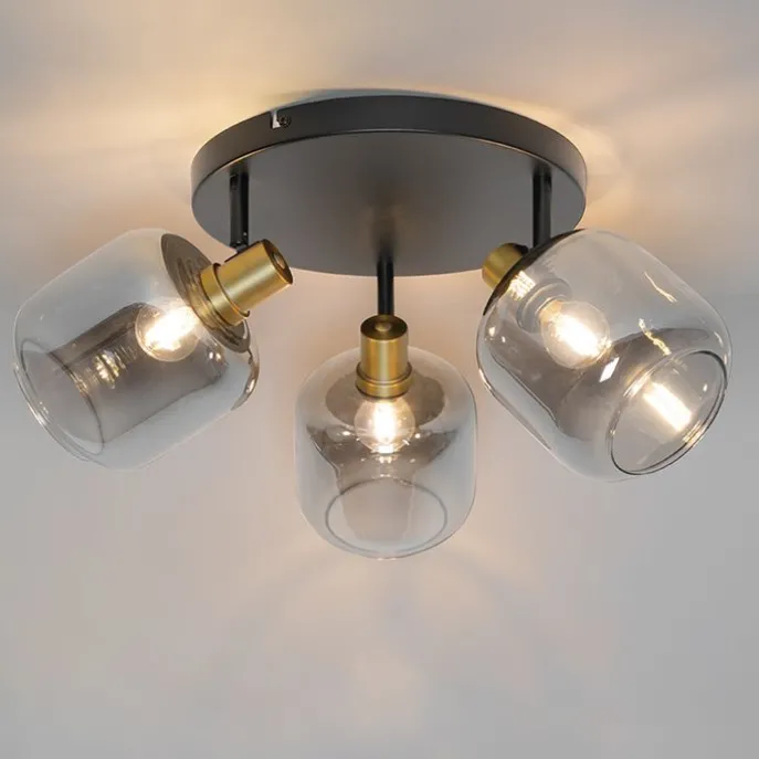 Plafondspot zwart met goud met smoke glas 3-lichts - Zuzanna
