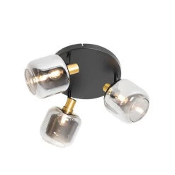 Plafondspot zwart met goud met smoke glas 3-lichts - Zuzanna