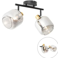 Plafondspot zwart met goud met smoke glas 2-lichts - Zuzanna