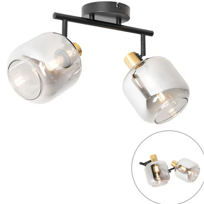 Plafondspot zwart met goud met smoke glas 2-lichts - Zuzanna